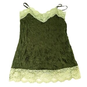 Y2K Xhilaration Olive Green Lace Trim Crinkle Camisole Top Women's Size M